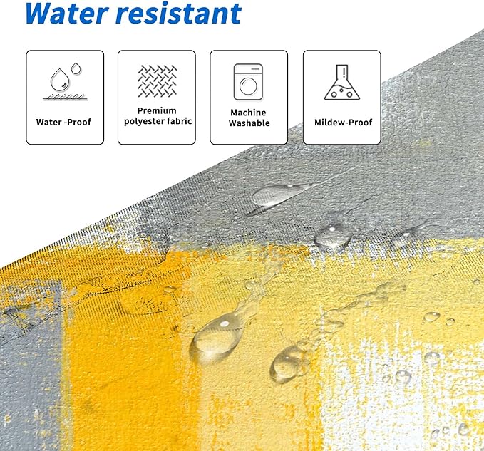 Lnond 4Pcs Yllow Bathroom Shower Curtain Sets with Rugs, Yellow Grey Abstract Painting Bathroom Sets with Shower Curtain and Rugs and Accessories