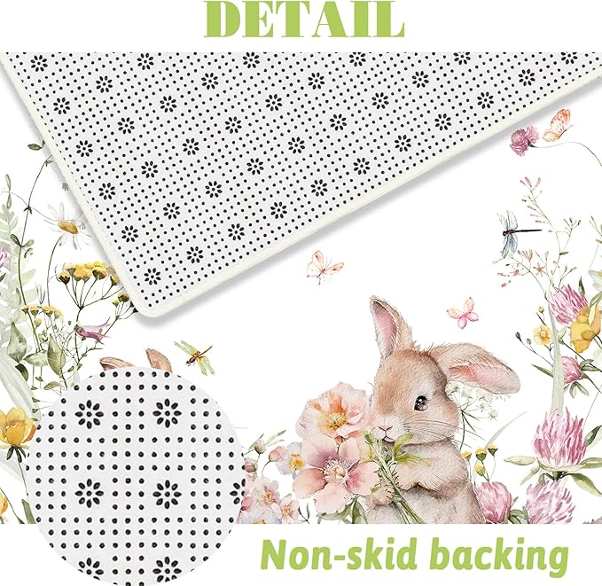 MEHOFOND 4pcs Easter Shower Curtain Sets Spring Easter Bunny Shower Curtain Set for Bathroom Cute Rabbits Floral Plant Watercolor Flower Bathroom Decor with Non-Slip Rugs Toilet Lid Cover and Bath Mat