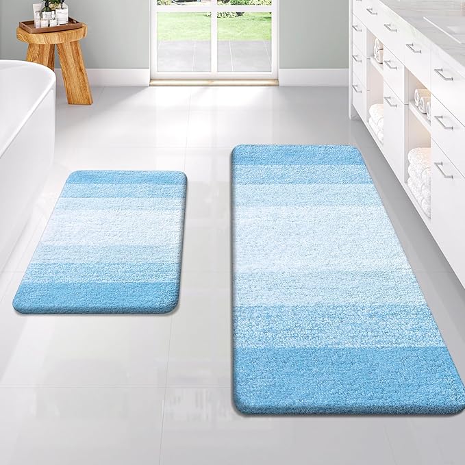 OLANLY Bathroom Rug Set 2 Piece, Soft Absorbent Microfiber Bath Rug Set, Non-Slip, Machine Wash Dry, Plush Shaggy Bath Mats for Bathroom (47"x20"+24"x16", Sky Blue)