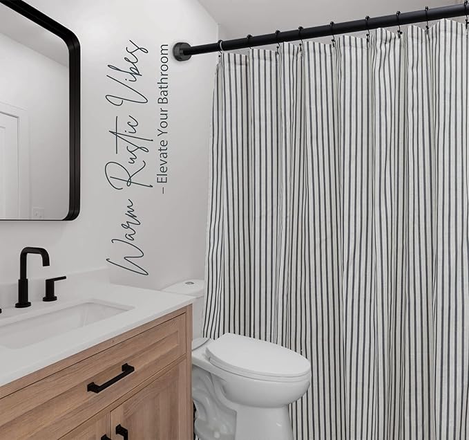 Farmhouse Striped Shower Curtain - 72x72 Inches, Linen Blend Fabric, Breathable & Machine Washable, Rustic Black for Bathroom Decor (Hooks/Liner Not Included)