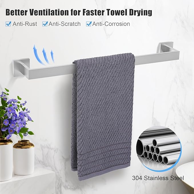 TURS Bathroom Hardware Set 4-Piece Brushed Bath Towel Bar Set Include 24 Inch Towel Bar Hand Towel Holder Towel Hook Toilet Paper Holder with Shelf Stainless Steel Bathroom Accessories Set