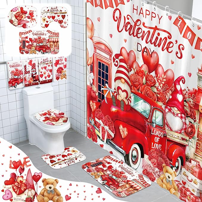 FuWeave 8 Pcs Valentines Shower Curtain Set Red Heart Sweet Love Romantic Bathroom Decor Valentines Day Gnome Waterproof Shower Curtain Towels Non Slip Rug Toilet Lid Cover Bath Mat with 12 Hooks