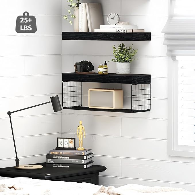 Bathroom Shelves Over Toilet - Heavy Duty Storage Rack, 25+ lbs Weight Capacity, Minimalist Design Wall Mounted Floating Shelves Toilet Paper Storage Farmhouse Decor Shelf 16 inch (Black, General, 2)