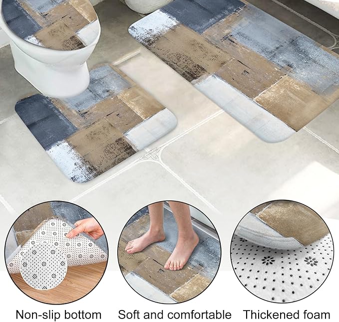 Lnond 4Pcs Bathroom Shower Curtain Sets with Rugs,Brown and Blue Painting Art Bathroom Sets with Shower Curtain and Rugs and Accessories