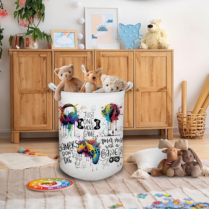 Watercolor Gamer Laundry Basket, Toybox for Boys Room, Game Lovers Laundry Basket Hamper Waterproof Collapsible Clothes Toys Storage Bin Organizer for Bedroom Bathroom Boys Gamer Room