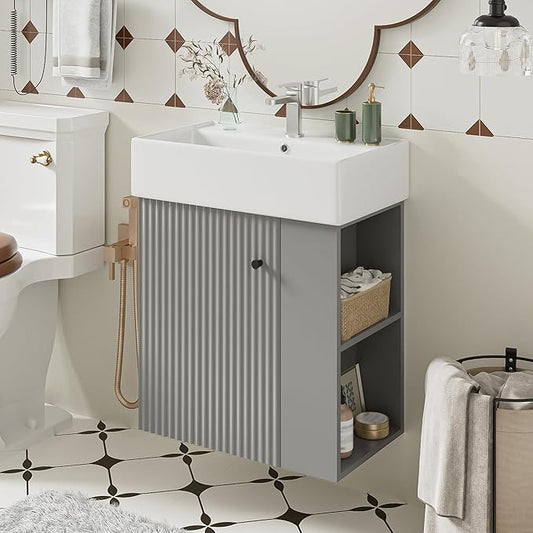 Virubi 21.6 in Floating Bathroom Vanity with Sink,Soft Closing Doors,Solid Wood Frame & MDF Modern Single Small Bathroom Vanity Cabinet with Open Shelf,Wall Mounted (Grey,Right Shelves)