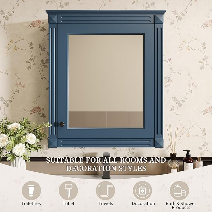 24'' x 27'' Wall Mounted Bathroom Storage Cabinet with Mirror, Medicine Cabinet with Height Adjustable Shelf, Over The Toilet Space