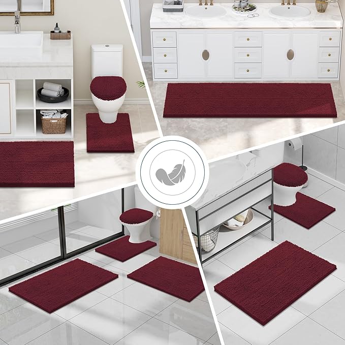 Smiry Luxury Chenille Bathroom Rugs 40x24, Extra Soft and Absorbent Shaggy Bath Mat, Machine Washable, Non-Slip Plush Carpet Runner for Tub, Shower, and Floor, Home Decor Accessories, Burgundy