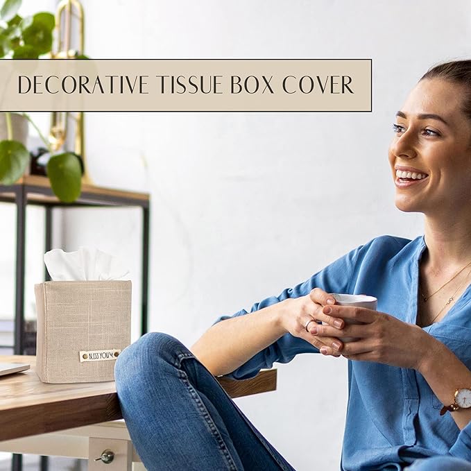 Stylish Tissue Box Cover - This Beige Linen Holder Instantly Covers Your Square Tissue Boxes - The Perfect Cube Cover for Your Bathroom and Home