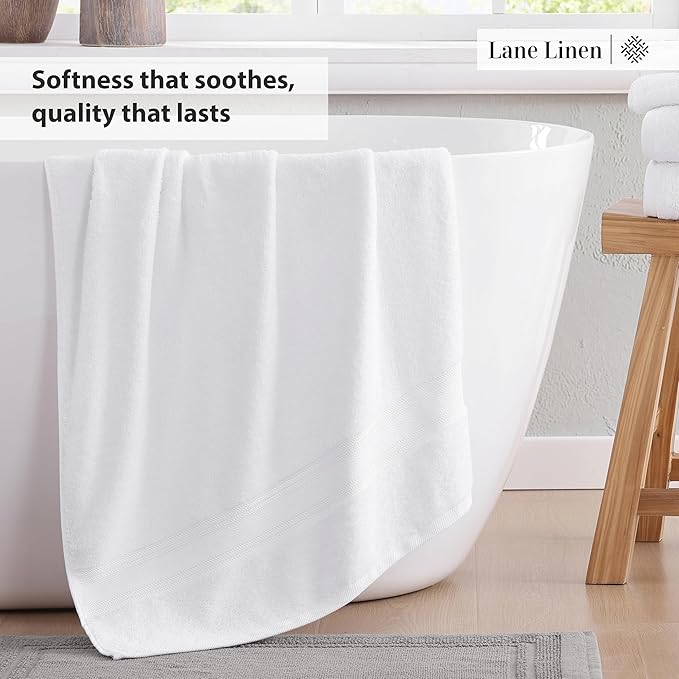 LANE LINEN 100% Cotton White Bath Towels - Quick Dry Absorbent Gym & Bath Towel Set, 6 (24" x 48"), Zero Twist