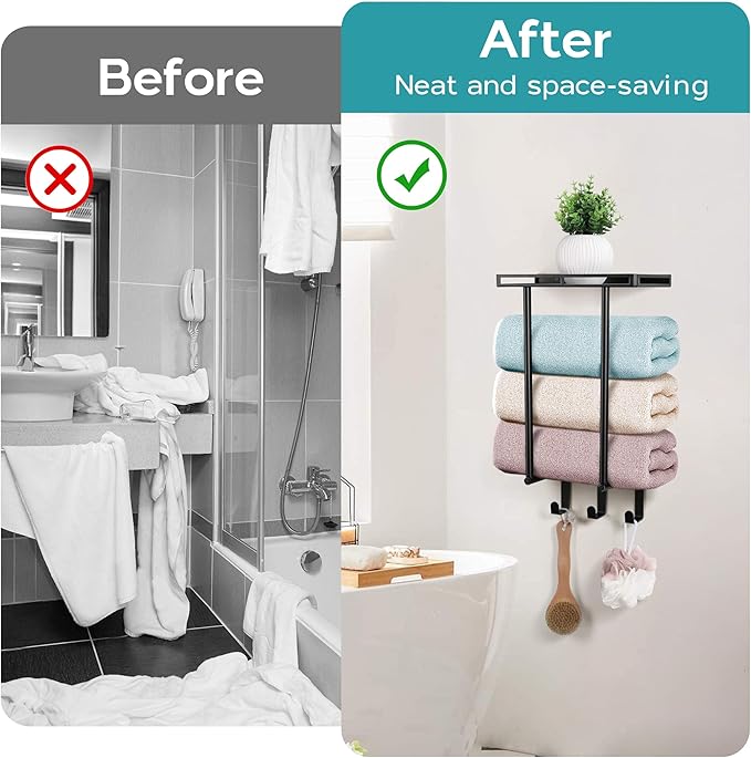 Wall Mounted Towel Racks for Bathroom, Onader 15 Inch Black Bath Towel Holder with Metal Shelf and 3 Hooks