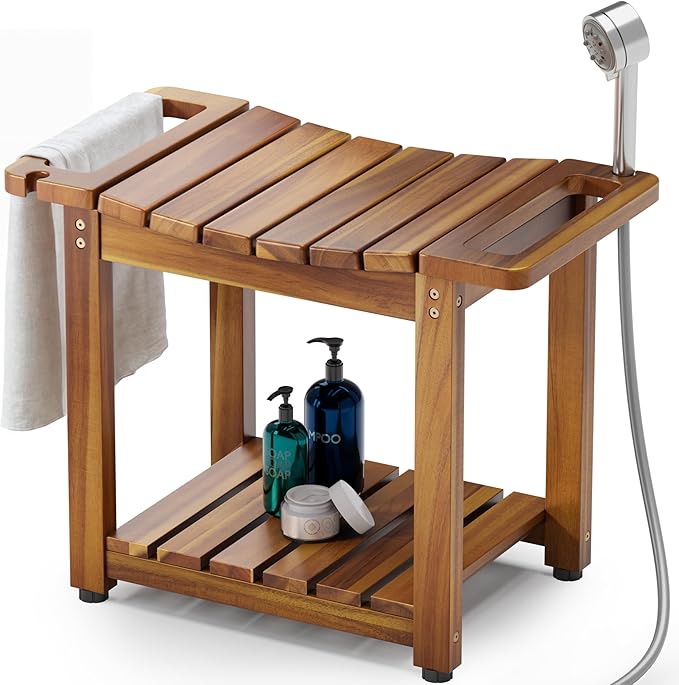 BLUEWEST Shower Bench Seat with Storage Shelf, Natural Wood Shower Benches for Inside Shower to Sit on, Waterproof Bathroom Spa Bench Stool for Legs Shaving with Built-in Handle & Shower Head Holder