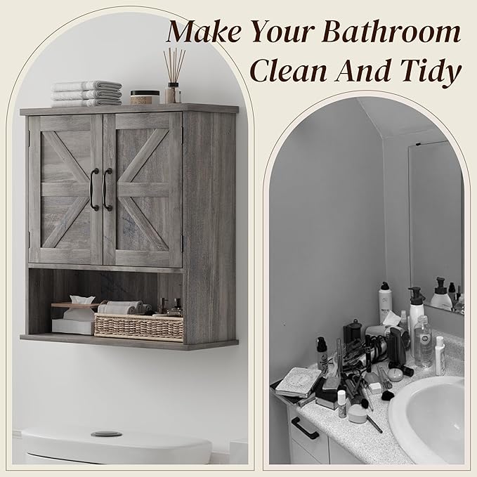Smuxee Farmhouse Bathroom Cabinet Wall Mounted, Washed Grey Small Medicine Cabinet with Adjustable Shelf, Bathroom Cabinet for Living Room, Laundry Room