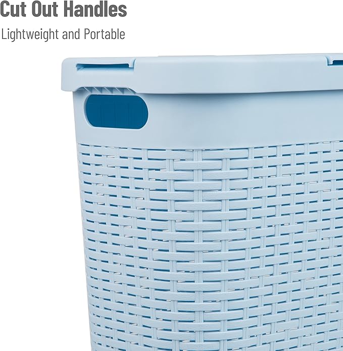 Mind Reader Slim Laundry Hamper with Lid, 40L Clothes Basket, Narrow Tapered Design with Ventilated Cutout Pattern, Plastic, Baby Blue