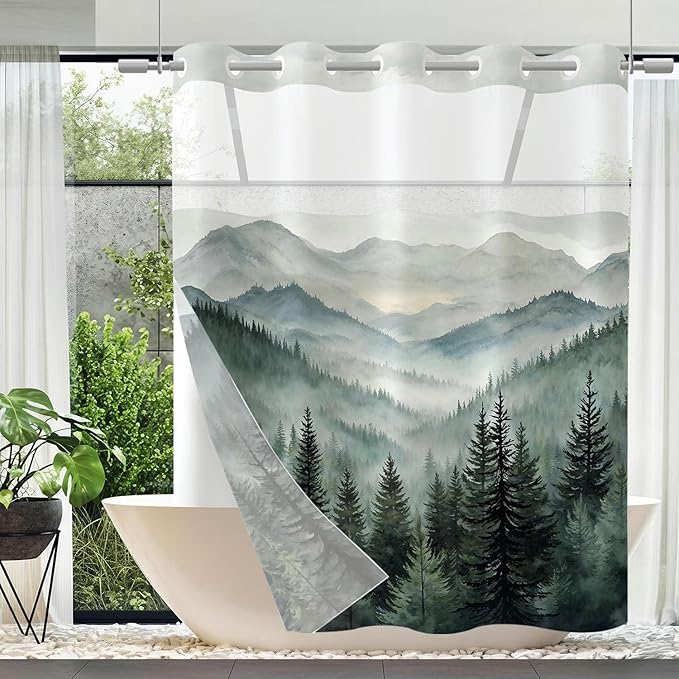 Accnicc No Hook Shower Curtain with Snap in Liner Forest Mountain Shower Curtains for Bathroom Dark Green Nature Misty Pine Tree Foggy Rustic Woodland Waterproof Fabric Bath Curtain Decor 71×74In