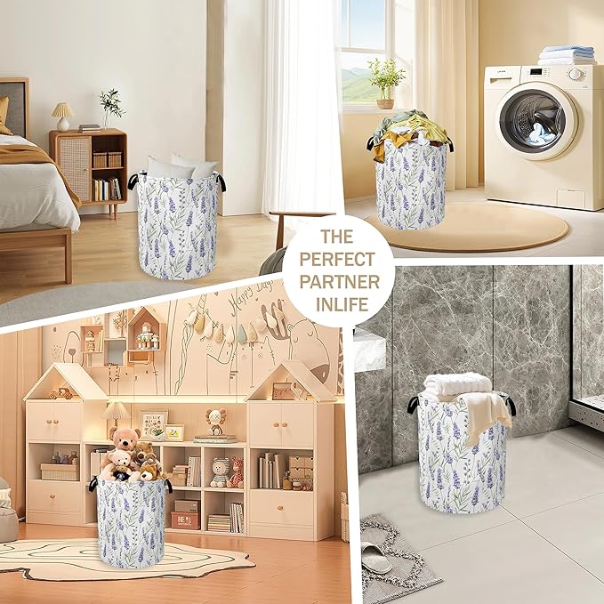 Collapsible Laundry Basket,Purple Lavender Flower Dirty Clothes Hamper,Rustic Spring Floral Hampers for Bedroom Waterproof Oxford Cloth Storage Organizer for Bathroom,Nursery,Dorm,16x20 Inch