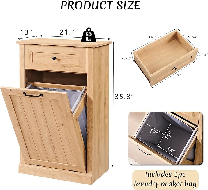 IFBUY Tilt Out Laundry Hamper Cabinet, 10 Gallon Farmhouse Trash Can Cabinet with Drawer, Hidden Wood Garbage Can Bin Cabinets with Laundry Storage Basket for Bathroom, Kitchen, Natural