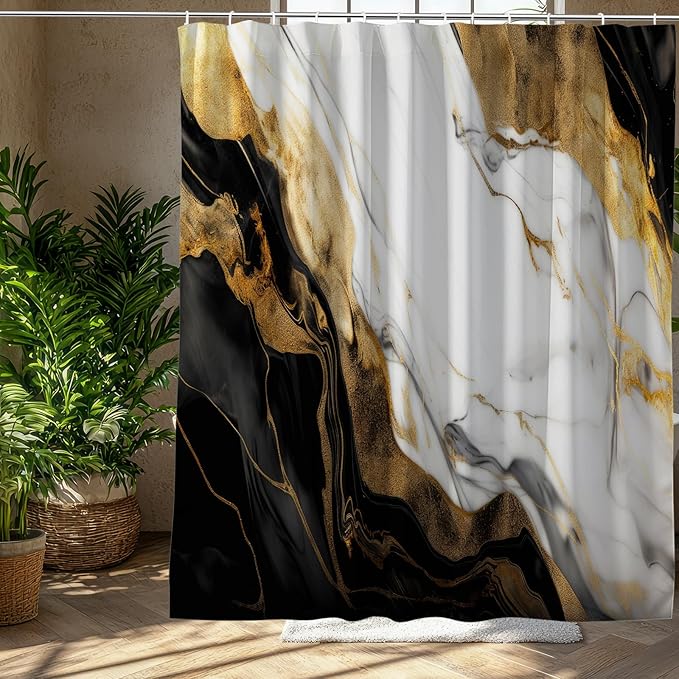 Black Golden Marble Shower Curtain Morden Abstract,Modern Minimalist Simple Neutral Fabric Shower Curtains for Bathroom Decor 72x72 Inch