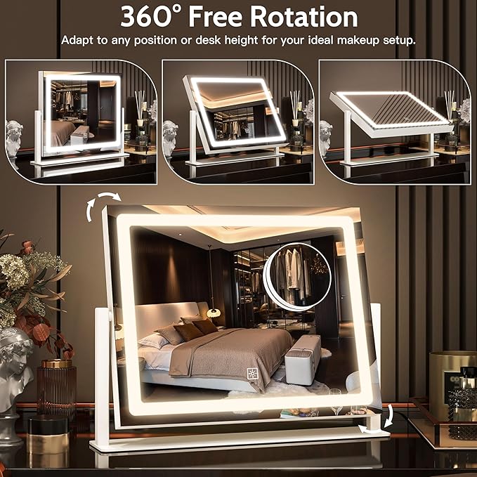 12" x16" Vanity Mirror with Lights, LED Makeup Mirror with Lights,10X Magnification Mirror with 360°Rotation, 3 Color Modes＆ Dimmable, LED Mirror for Desk, Travel, White