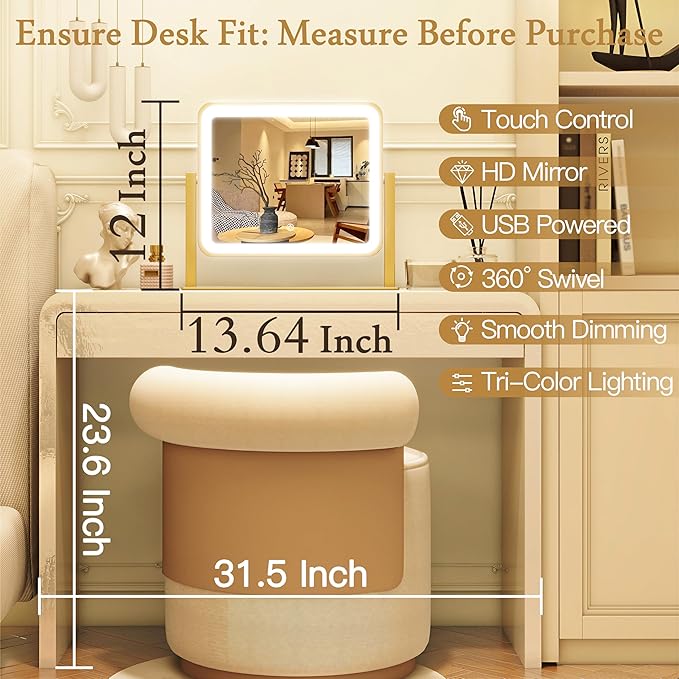 12" x14" Vanity Mirror with Light, LED Makeup Mirror with Lights, Small Gold Mirror with 360°Rotation, 3 Color Modes, Dimmable ＆ Memory Function, LED Mirror for Vanity Desk, Travel