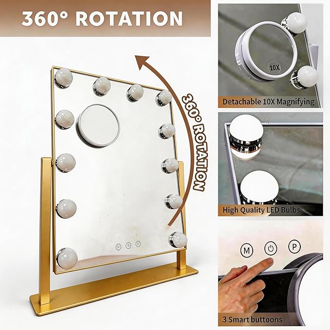 Makeup Vanity Mirror with Lights LED Makeup Mirror Detachable 10X Magnification, Hollywood Make Up Mirror with Lighting, Smart Touch, Rechargeable,360° Rotation, Gold 17.12"x13.77"