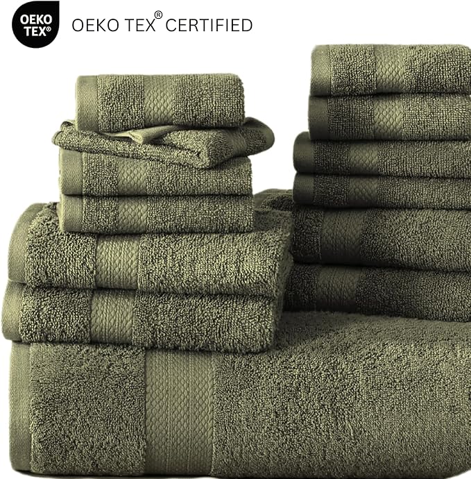 LANE LINEN 100% Cotton Bathroom Towel Set - 6 Pcs - Ringspun, Quick Dry, Super Soft & Highly Absorbent - 2 XL Bath Towels, 2 Washcloths, 2 Hand Towels - Tumble Dry regains Fluffiness - Oil Green