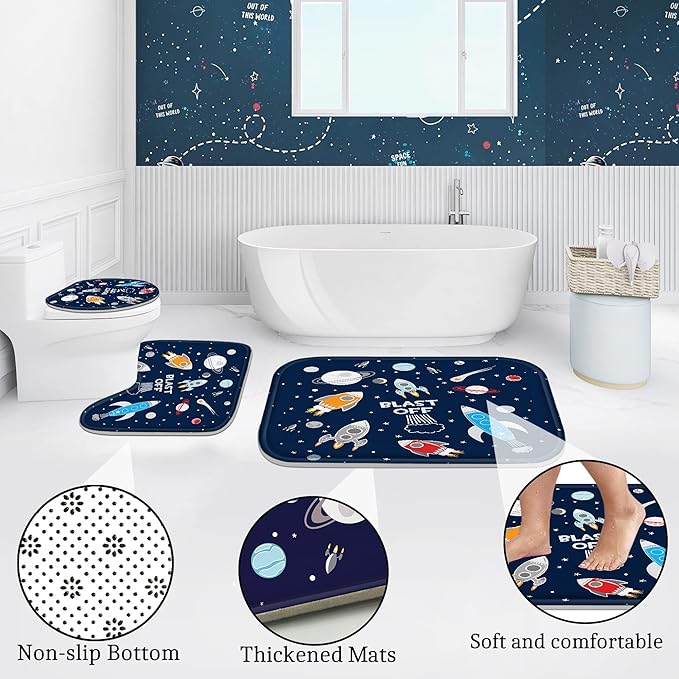 Poedist 4 Pcs Bathroom Shower Curtain Set,Kid's Bathroom Set,Cosmic Space Shower Curtain Sets with Rugs(Bath Mat,U Shape and Toilet Lid Cover Mat) and 12 Hooks