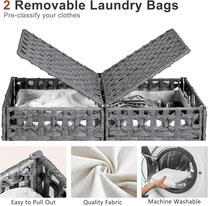 170L Foldable Laundry Hamper with Lid - Handwoven Rattan Storage Basket, 2-Section Clothes Hamper w/2 Removable Liner Bags, Easy Assembly, Portable for Bedroom Bathroom Dorm,Grey
