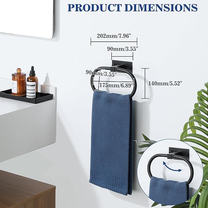Alise Hand Towel Holder Towel Ring for Bathroom Lavatory Self-Adhesive,SUS304 Stainless Steel Towel Rack Towel Bar Towel Hanger for Walls,Black Finish