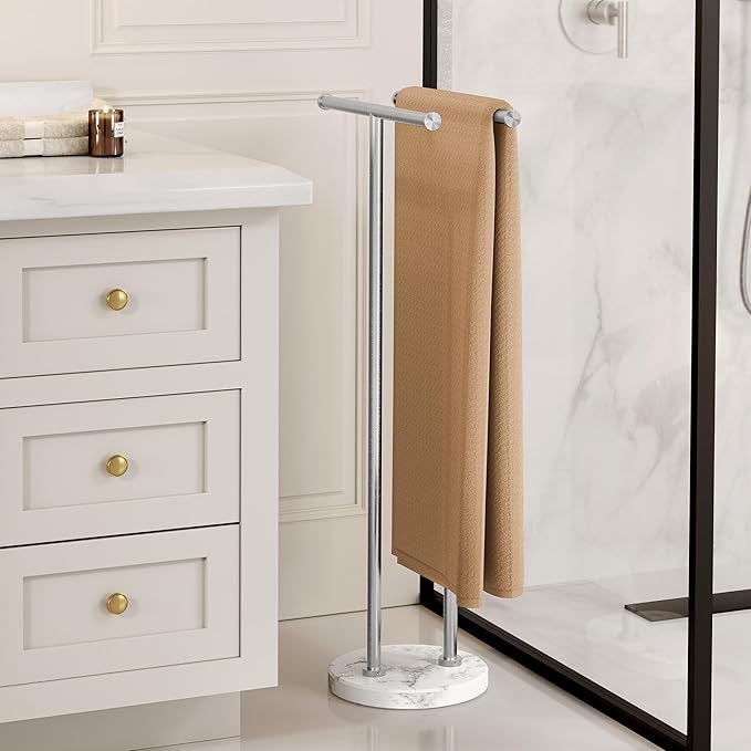 KES Free Standing Towel Rack 3X Thicker Round Marble Base for Bathroom Floor, Double T-Shape Towel Rack Stand with 100% Natural Mable Base, 18/8 Stainless Steel, Brushed Finish, BTH237B-2
