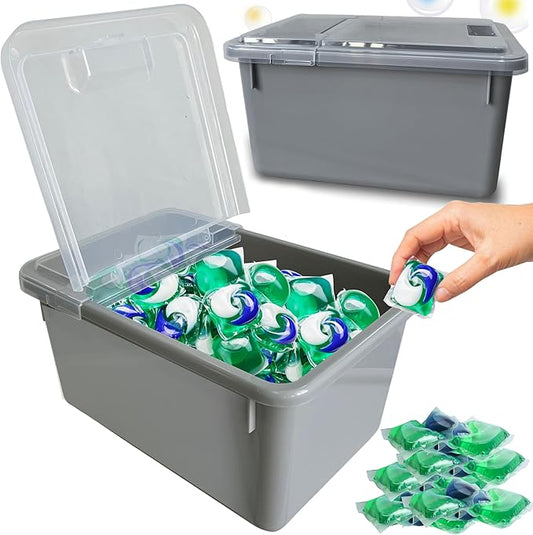 Skywin TidyFriend Laundry Pods Container with Lift Up Lid, 12.4" x 6.5" x 8.7", Airtight Storage Keeps Pods Fresh, Laundry Detergent Container & Dishwasher Pod Holder (Grey)