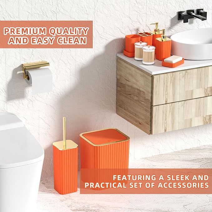 XLHOMO Bathroom Accessories Set - Gorgeous Bathroom Set, 10PC Orange Bathroom Accessory Set, Orange Bathroom Sets, Toilet Brush, Trash Can & Soap Dispenser