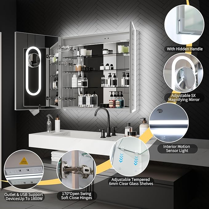 ExBrite 36 x 32 Lighted Medicine Cabinet with Mirror, Front&Backlit led Medicine Cabinet,Clock Temp Display,Defog,5X Magnifier,3 Colors Temper Dimmable,Surface or Recessed Mount,Door Wide Open