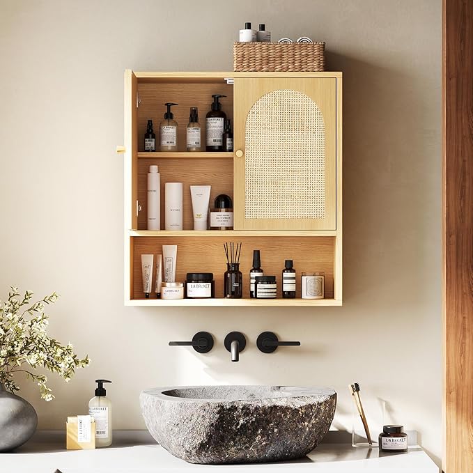 VINGLI Rattan Bathroom Wall Cabinet, Boho Medicine Cabinet with 2 Handwoven Rattan Doors & Adjustable Shelf, Wood Hanging Storage Cabinet with Open Shelf for Kitchen, Laundry, Entryway, Oak Finish