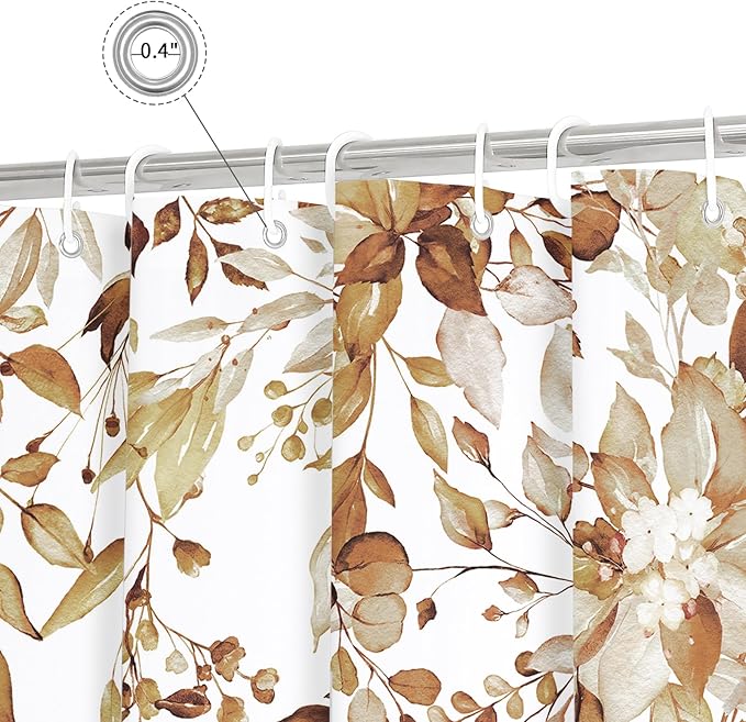 Gibelle Brown Eucalyptus Shower Curtain, Watercolor Plant Leaves with Floral Bathroom Shower Curtain Set, 72x72