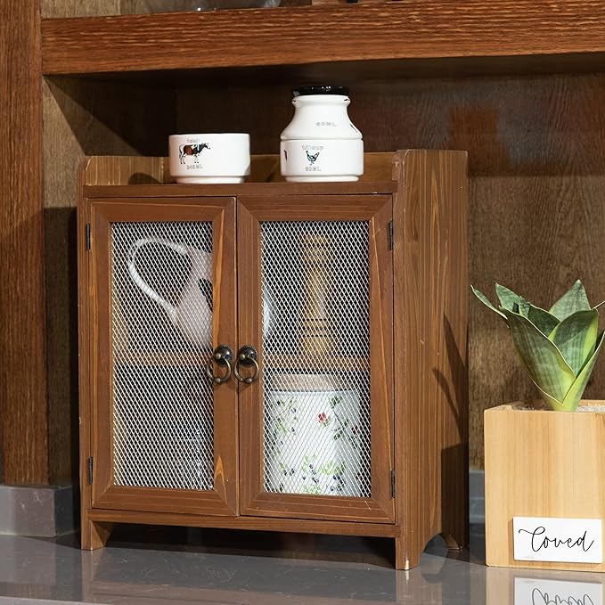 COLLECTIVE HOME - 2 Tiered Storage Cabinet, Countertop Cabinet, Wood Organizer for Kitchen Living Room Bedroom Bathroom Office with Magnetic Door, 15.75 x 14.5 x 6.5, Brown, 01