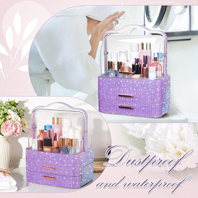 Honeydak Bling Makeup Organizer for Mothers Day Nurses Day Birthday Gifts Rhinestone Cosmetic Display Cases with Transparent Cover, Skincare Perfume Organizer for Countertop, Desk(Purple,Rhinestone)