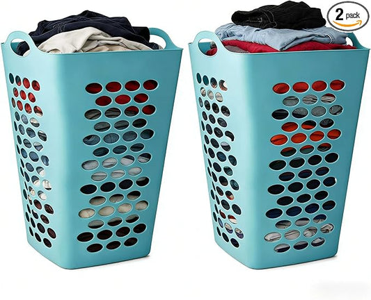 (2 Pack) 2 Bushel Square Laundry Hamper, Teal Lightweight Plastic Tall Laundry Basket with Handles, Ventilation Design for Bedroom, Bathroom, Laundry Room, College Dorm.