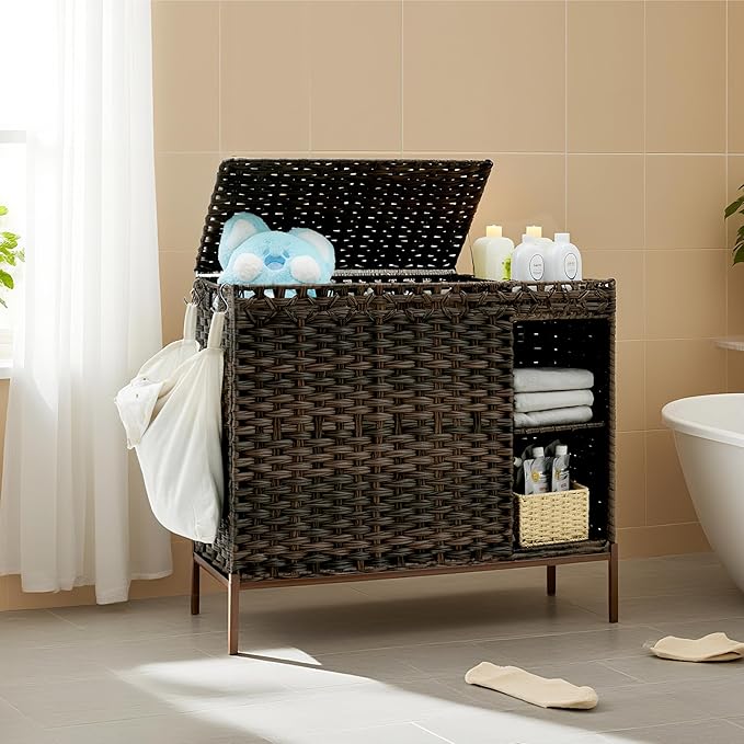 Gitelsnour Laundry Hamper with Lid, 130L(34.4 Gal) Rattan Laundry Hamper 3 Section with 50L (13.2 Gal) Storage Shelf, Wicker Woven Laundry Sorter Basket with 4 Liner Bags and Handles, Brown GLH003BR