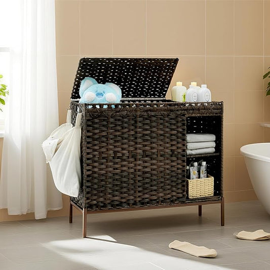 Gitelsnour Laundry Hamper with Lid, 130L(34.4 Gal) Rattan Laundry Hamper 3 Section with 50L (13.2 Gal) Storage Shelf, Wicker Woven Laundry Sorter Basket with 4 Liner Bags and Handles, Brown GLH003BR
