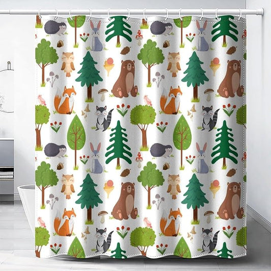 Kids Baby Woodland Shower Curtain Animals Cartoon Girls Children's Cute Cartoon Funny Colorful Weeds Plants Fox Waterproof Fabric Bathroom Decor 72x72 Inches(183x183cm), Style-12