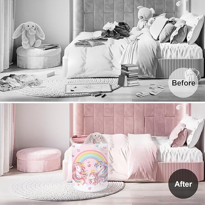 Clastyle 45L Large Pink Unicorn Rainbow Kid Laundry Hamper for Girl Collapsible Heart Butterfly Clothes Toy Nursery Storage Basket with Lid