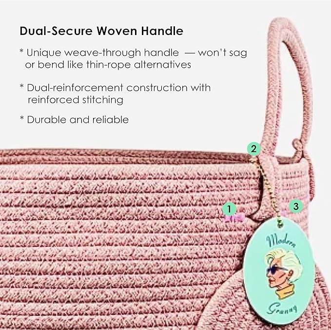 Modern Granny Extra Large Cotton Rope Laundry Hamper 16x22 Inch Dual Secure Woven Handle for Living Room Closet Clothes Blanket Organization