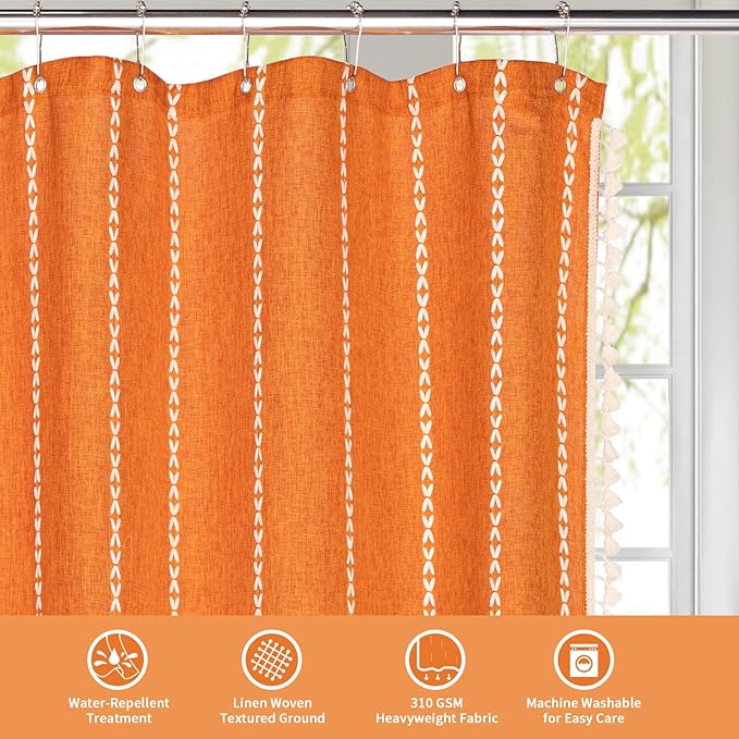 MitoVilla Boho Long Shower Curtain 72 x 78, Orange Farmhouse 78 inch Long Polyester Linen Fabric Shower Curtains with Tassel for Chic Cottagecore French Rustic Bathroom Decor