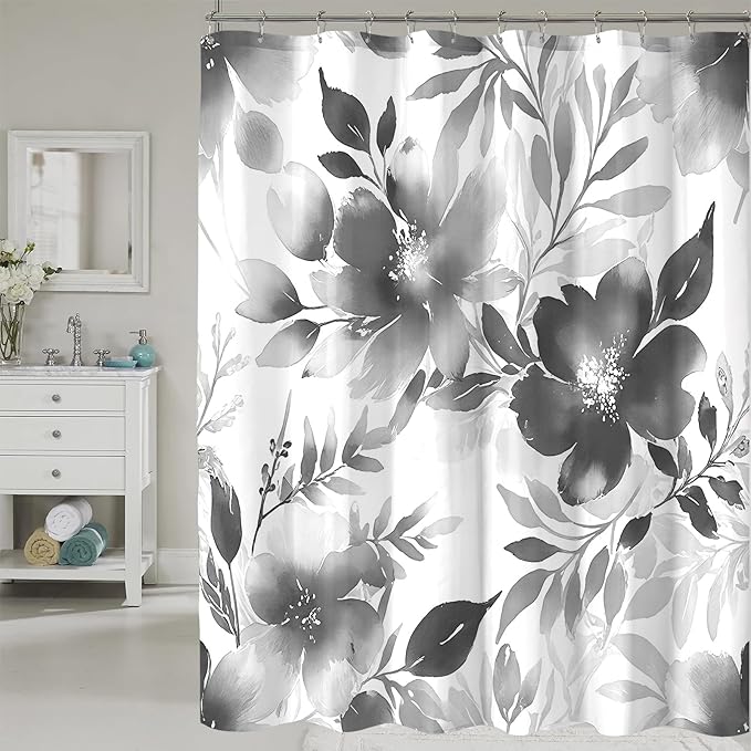 Floral Shower Curtain, Grey Watercolor Flower Shower Curtains for Bathroom, Modern Minimalist Waterproof Fabric Bath Curtain 72x72 Inch