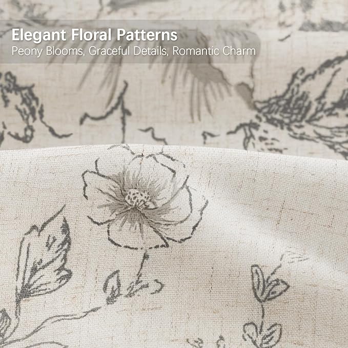 Farmhouse Floral Linen Shower Curtain, Vintage Grey Pattern Rustic Shower Curtains for Bathroom, Tan Taupe,Gray,72x72