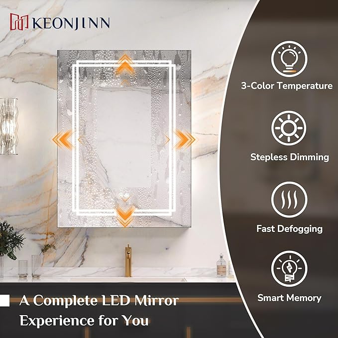 Keonjinn 20 x 26 Inch Lighted Medicine Cabinet Mirror, Bathroom LED Medicine Cabinet with Lights, Adjustable Shelves, Tempered Glass, UL-Listed, Dimmable, No Outlets, Defogging, Wall Mount Only