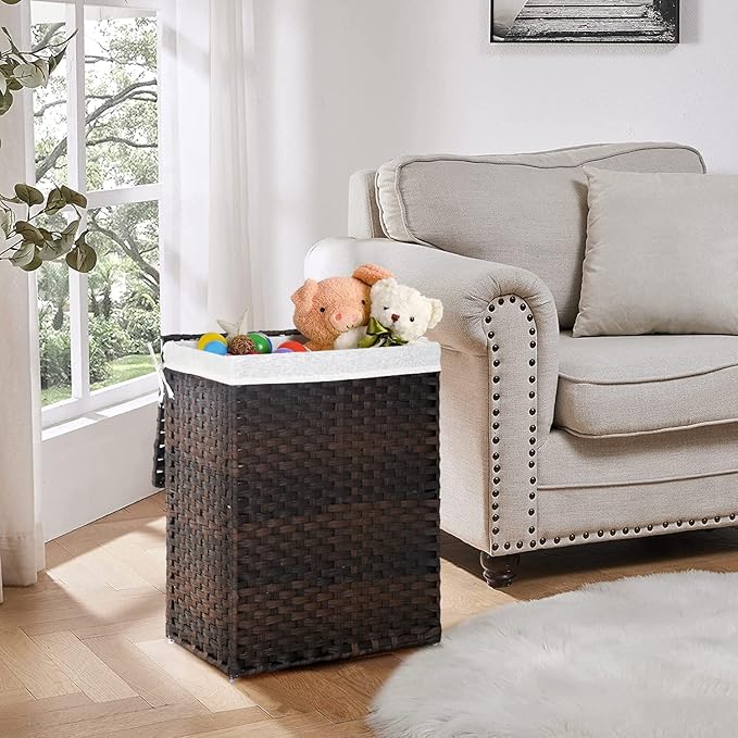 Paylesshere Laundry Hamper Handwoven Laundry Basket 90L/110L Foldable Rattan Laundry Hamper With Lid,2 Removable Liner Bags & 6 Laundry Bags,Clothes Hamper for Bathroom, Brown