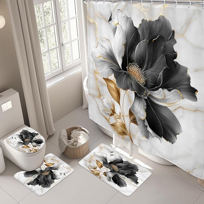 Riyidecor Black Gold Floral 4Pcs Bathroom Shower Curtain Sets Abstract Flower Aesthetic Bathroom Decor Set with Rugs and Accessories Minimalist Toilet Lid Rug, Contour and Bath Mat with 12 Hooks