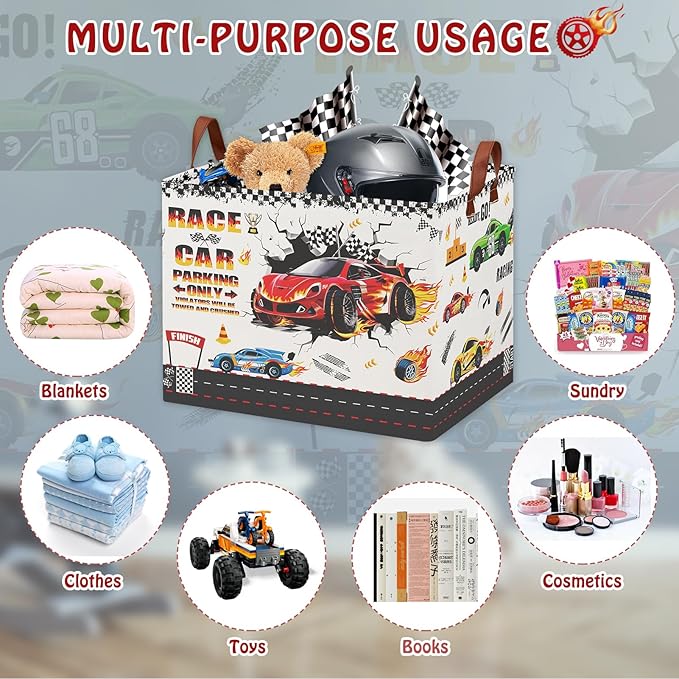 Race Car Toy Storage Basket, Collapsible Kids Laundry Hamper with Parking Sign, Car Themed Storage Organizer Bin for Boys Room, Nursery, Bathroom-36L Tire Toy Box
